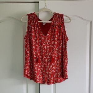 NWOT Lucky Brand Red Floral V-neck Tank Top size M Flower Graphic Tassel Accent